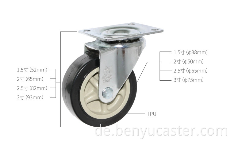 1,5/2/2,5/3 Zoll leichte diente leise laufende Top Plate Swival PU Stuhl Wheel